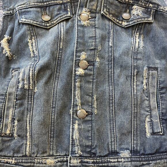 Free People Women Distressed Denim Knit Jacket XS Long Sleeve Boho Jean Shacket - Picture 4 of 10
